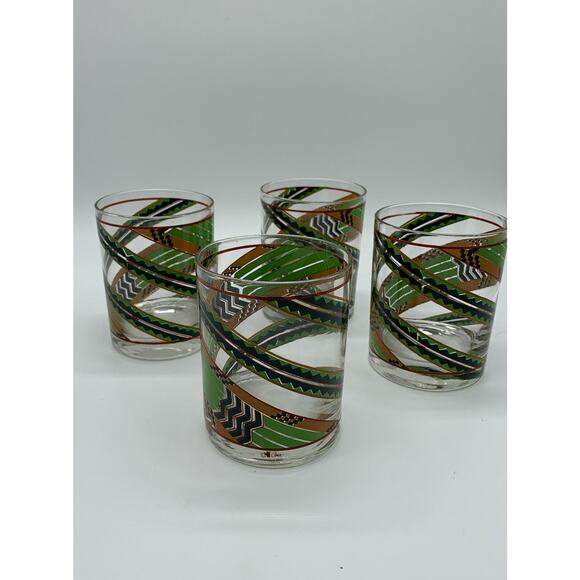 Vntg Mid Century Modern 4 Cira Cora Rocks Glasses Southwest Green Orange Aztec - Picture 3 of 6